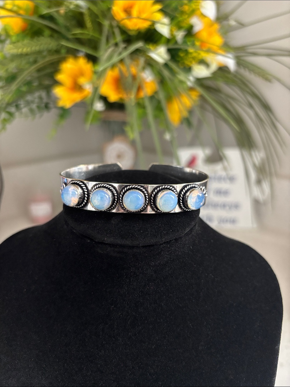 Sterling Silver Cuff Bracelet with Opalite Cabochons - Adjustable